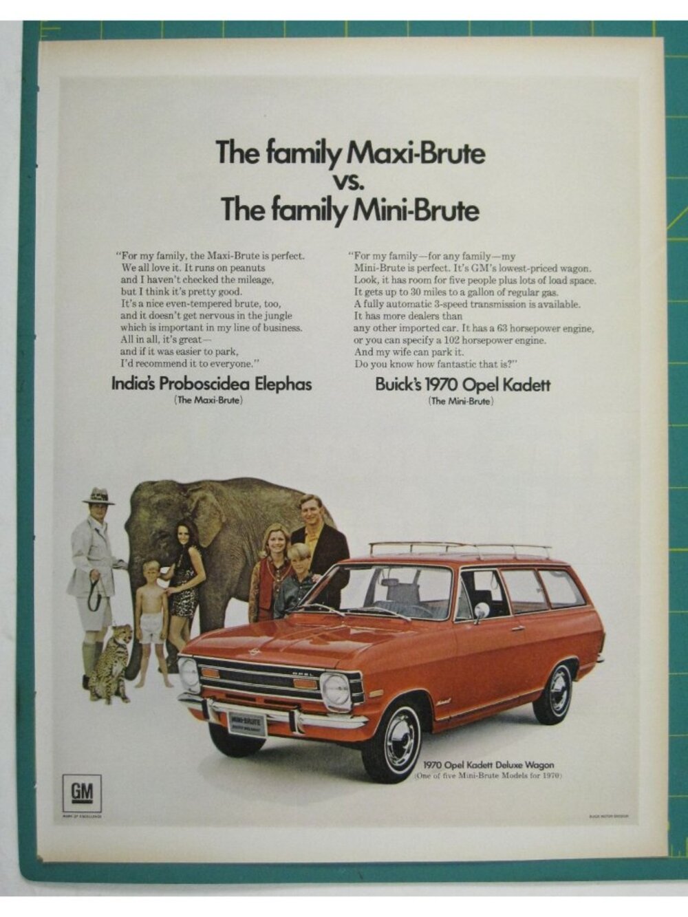 Print Ad Maxi-Brute Vs Mini-Brute Buick 1970 Opel Kadett Vintage GM Elephant